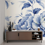 Watercolor blue leaves wallpaper in home office space
