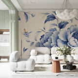 Blue botanical wallpaper featured in entrance hallway