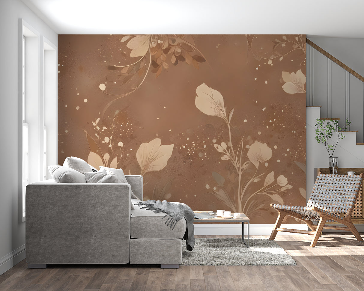 Brown botanical wallpaper mural in modern living room, creating an elegant natural atmosphere