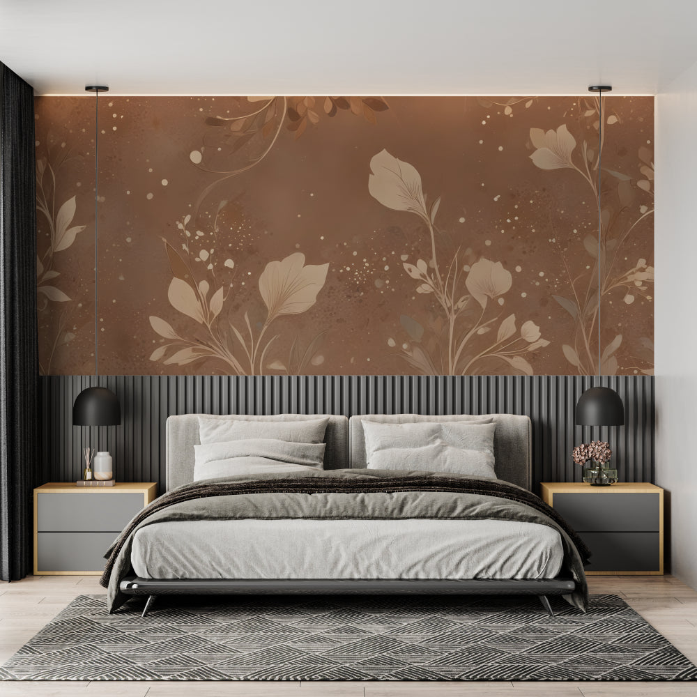 Elegant floral wall mural in master bedroom showing brown botanical pattern