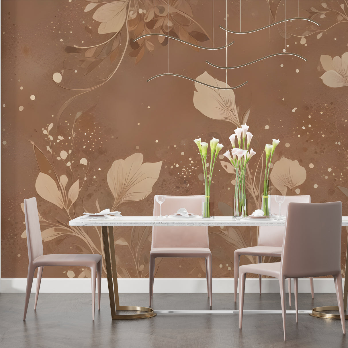 Brown botanical wallpaper bringing nature into dining room setting