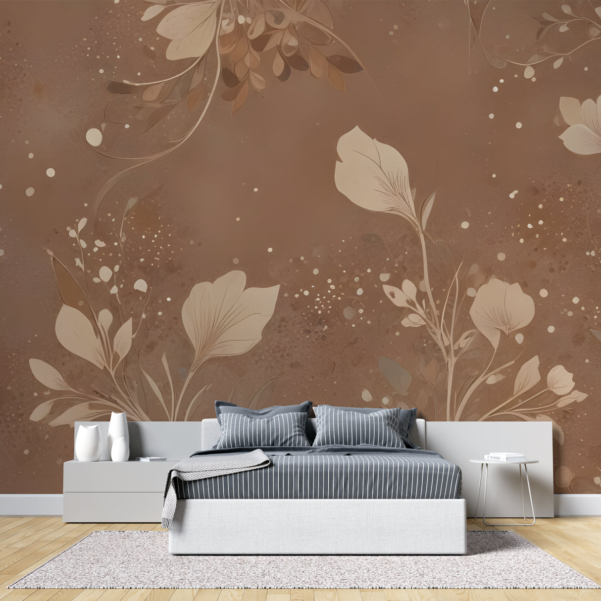 Floral wall mural showcased in home office with brown botanical details