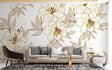 Luxury Gold and White Lily Wallpaper in modern dining room with crystal chandelier