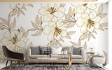 Luxury Gold and White Lily Wallpaper in modern dining room with crystal chandelier
