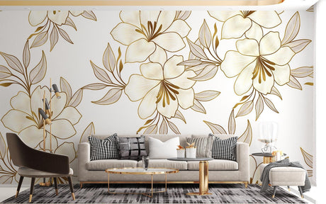 Luxury Gold and White Lily Wallpaper in modern dining room with crystal chandelier