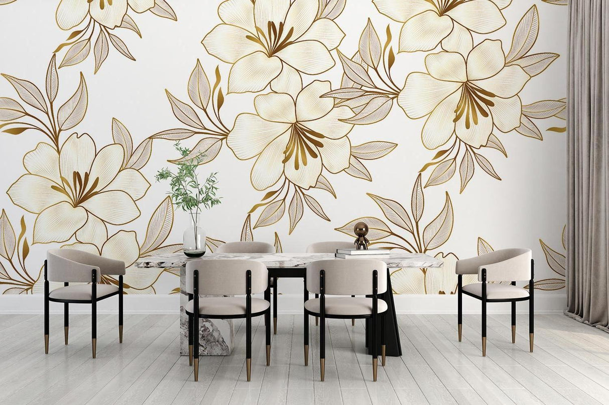 Elegant Floral Wallpaper featuring golden lilies in master bedroom setting
