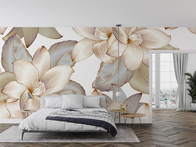 Gold floral line art wallpaper in bright modern dining room, creating an elegant backdrop for dinner parties