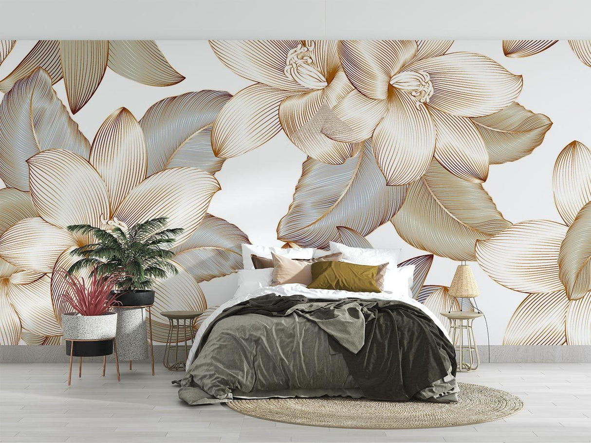 Modern gold botanical wallpaper in white home office bringing subtle sophistication
