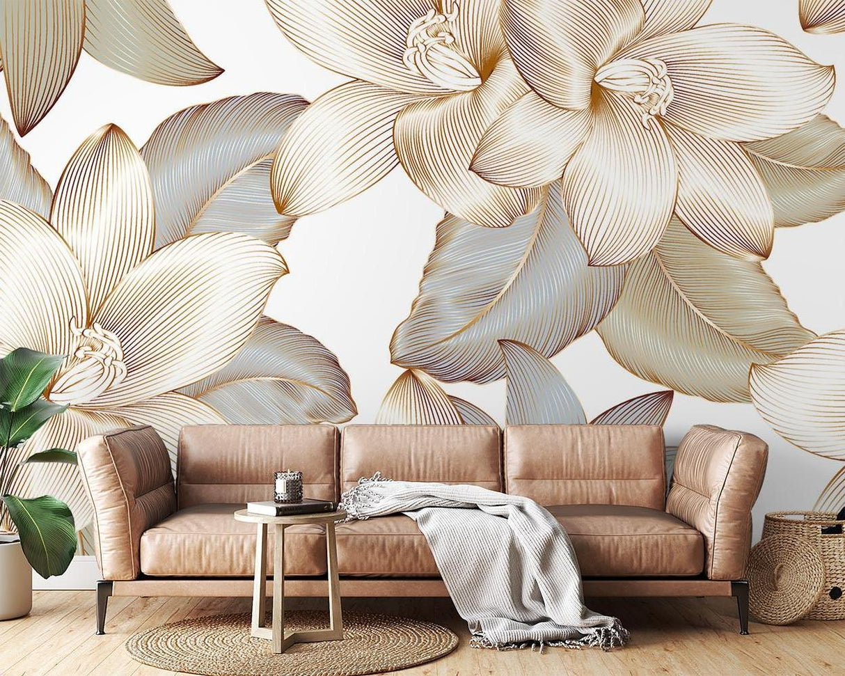 Elegant gold line art flower mural in living room with natural lighting