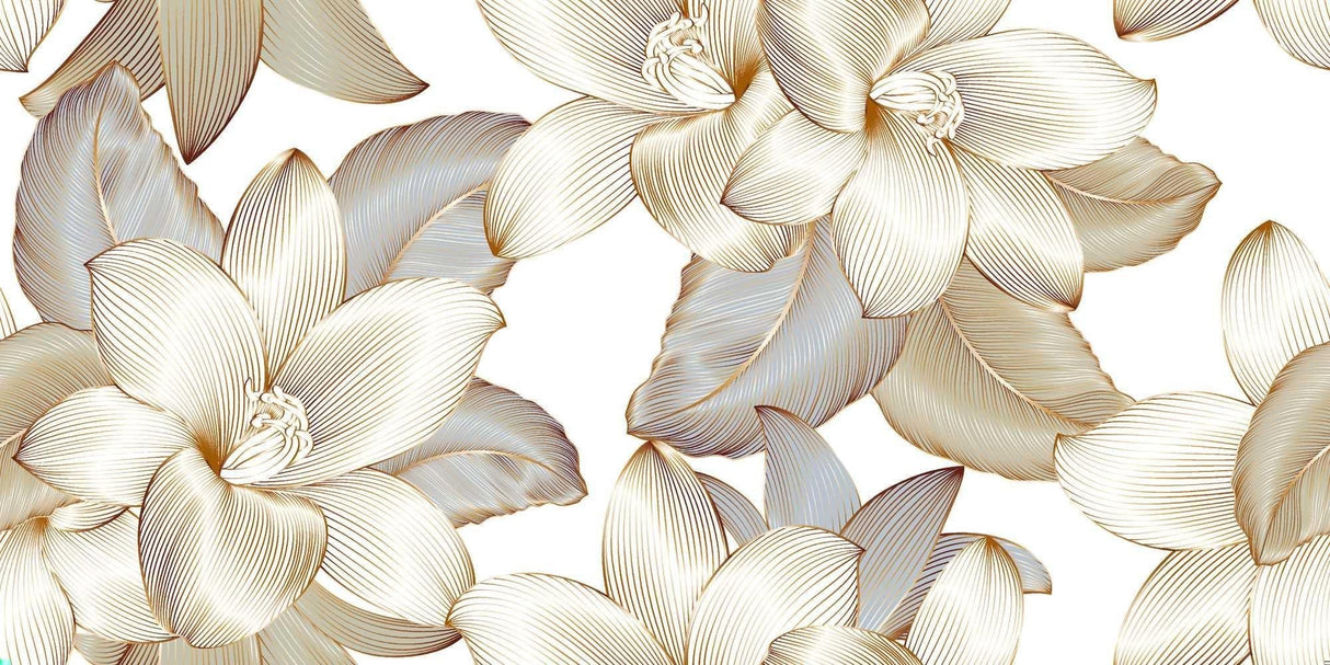 Gold line art floral wallpaper design file showing intricate botanical pattern on white background