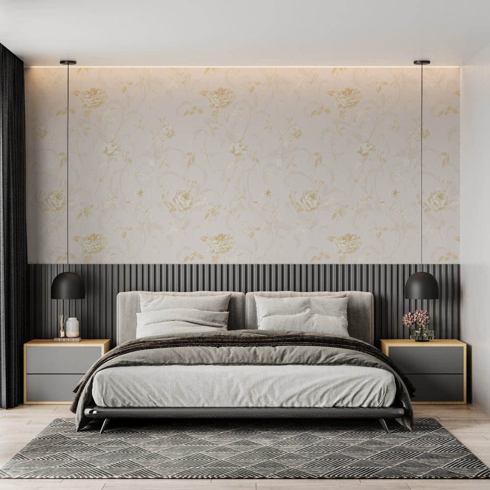 Gold Rose Mural Wallpaper creating a luxurious atmosphere in a modern living room with natural light