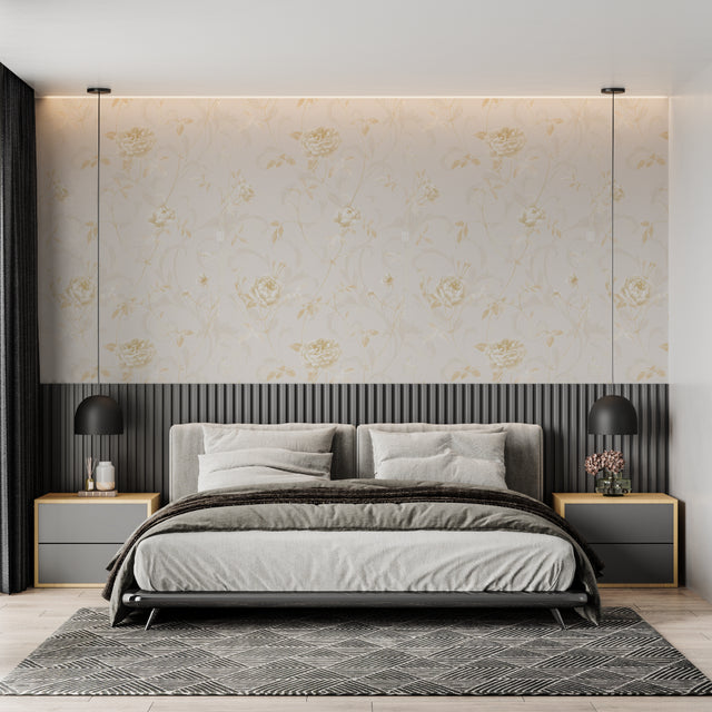 Gold Rose Mural Wallpaper creating a luxurious atmosphere in a modern living room with natural light