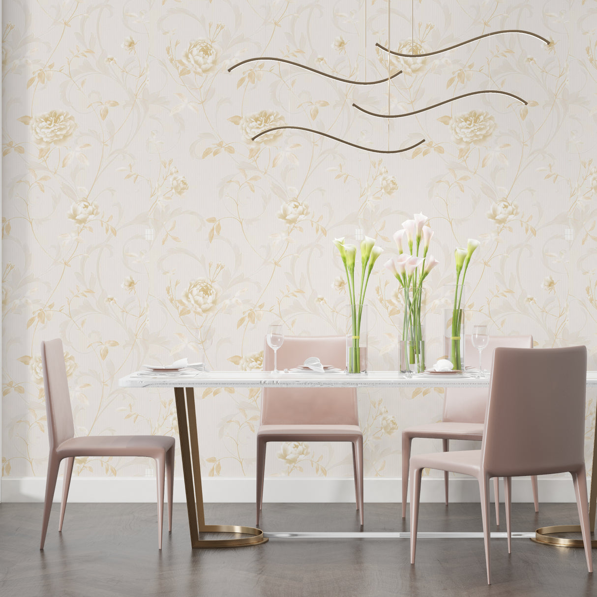 Elegant Gold Rose Wallpaper in a master bedroom setting with soft lighting