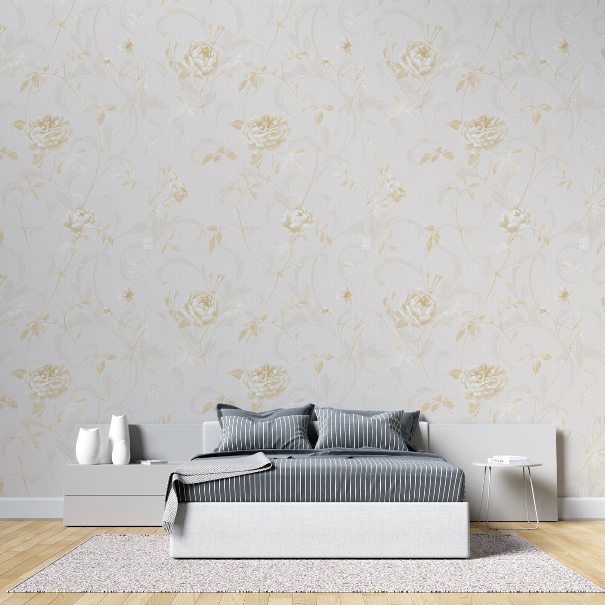 Floral Gold Mural displayed in a dining room with evening ambiance