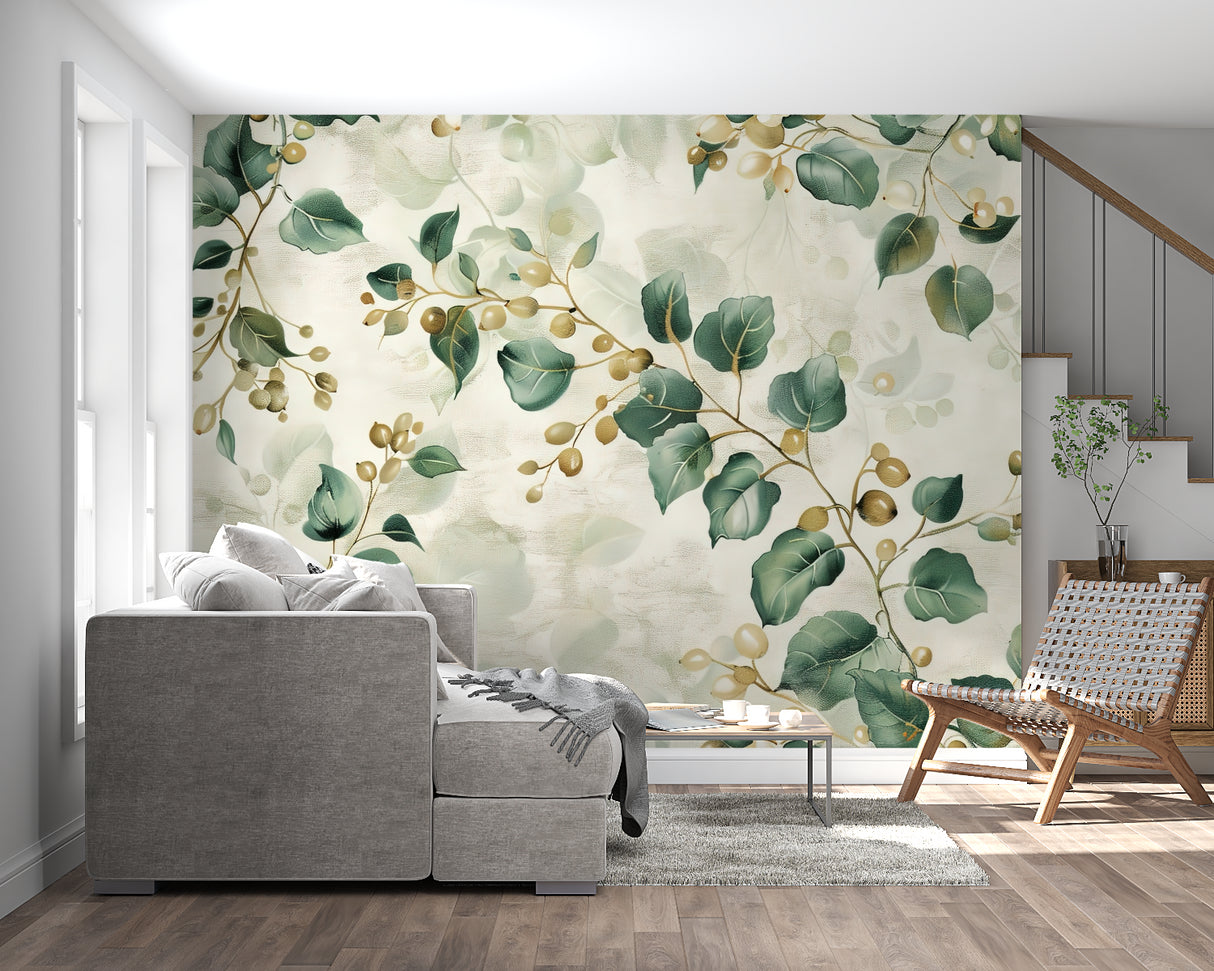 Green leaf wallpaper with golden accents in an entrance hallway
