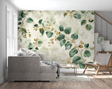 Green leaf wallpaper with golden accents in an entrance hallway