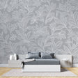 Grey floral line art wallpaper in modern living room, creating an elegant and airy atmosphere