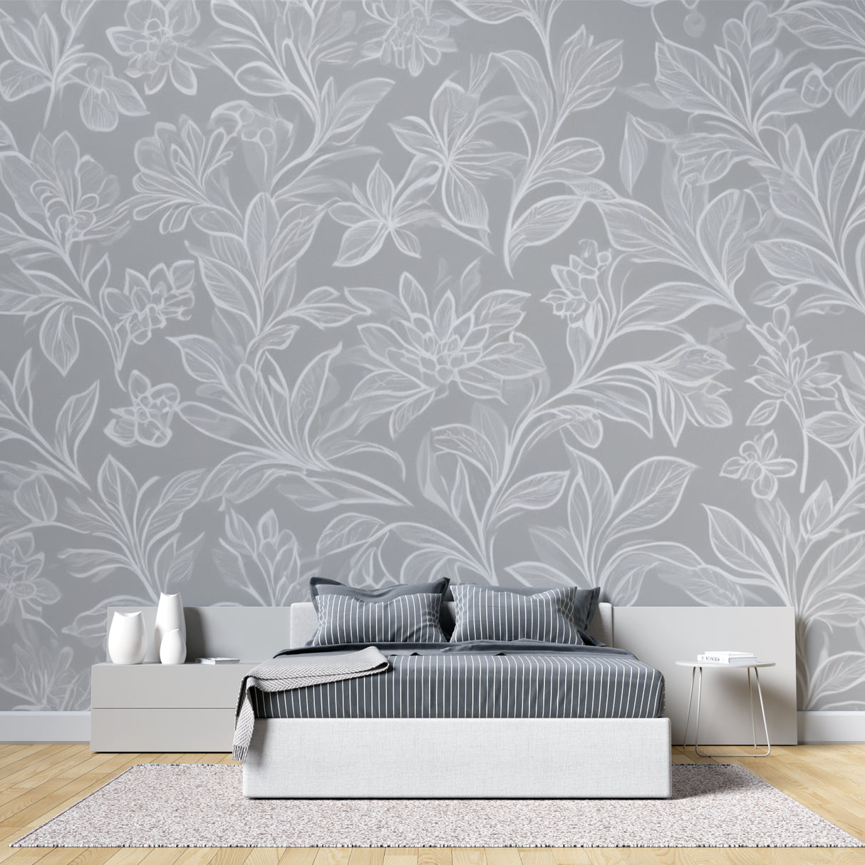 Grey floral line art wallpaper in modern living room, creating an elegant and airy atmosphere