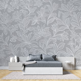 Grey floral line art wallpaper in modern living room, creating an elegant and airy atmosphere