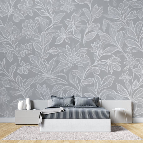 Grey floral line art wallpaper in modern living room, creating an elegant and airy atmosphere