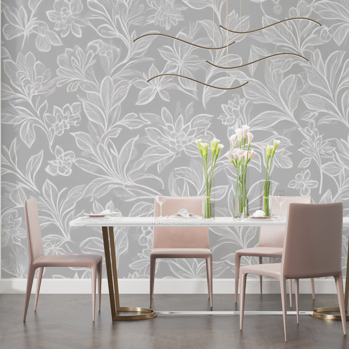 Botanical line art mural in grey master bedroom, perfect for relaxation