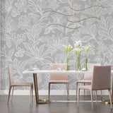 Botanical line art mural in grey master bedroom, perfect for relaxation