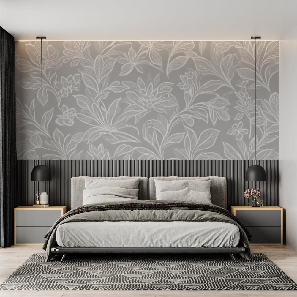 Line art floral design in home office showing delicate grey botanical pattern