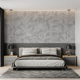 Line art floral design in home office showing delicate grey botanical pattern
