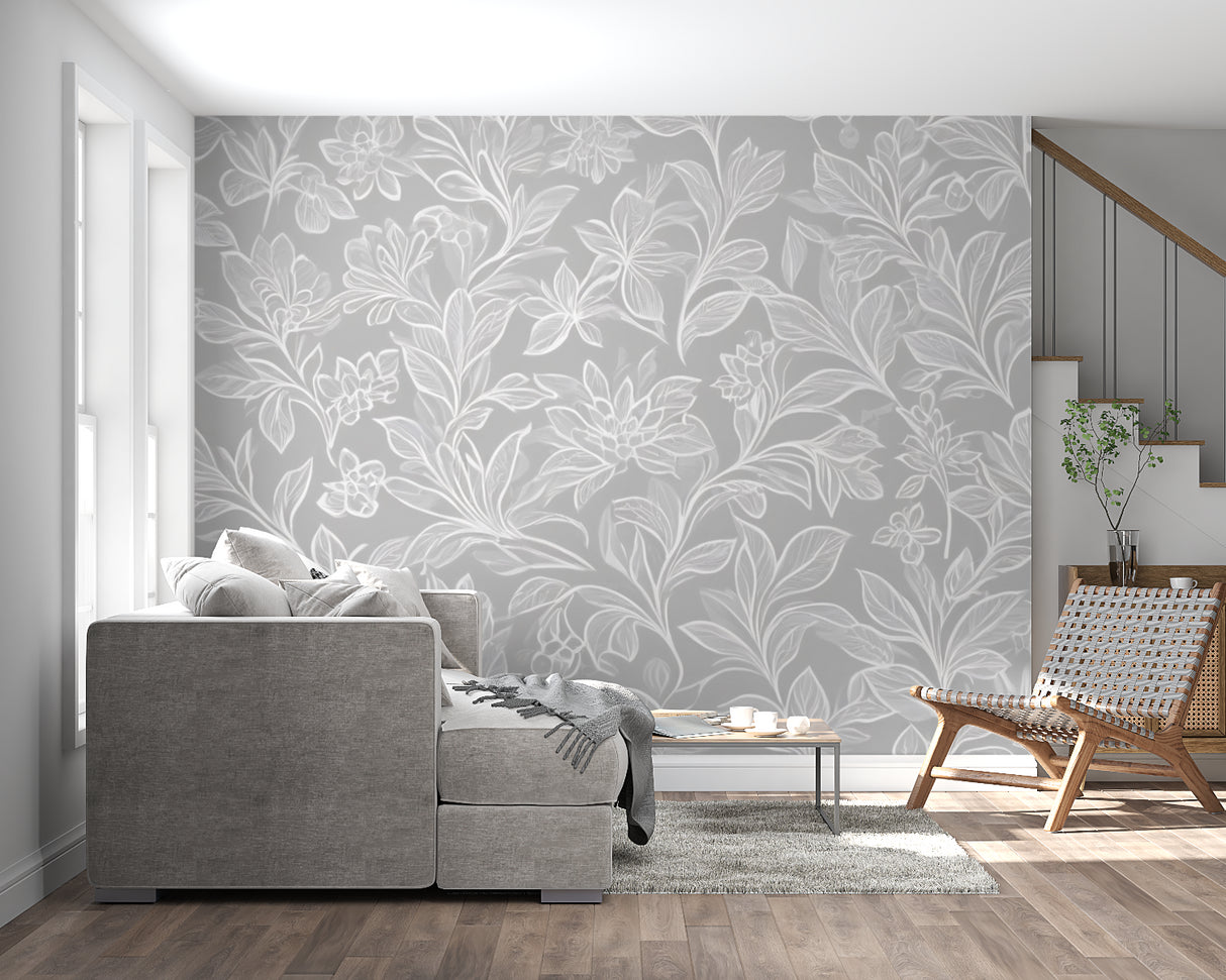 Grey line art wallpaper creating calm atmosphere in reading nook
