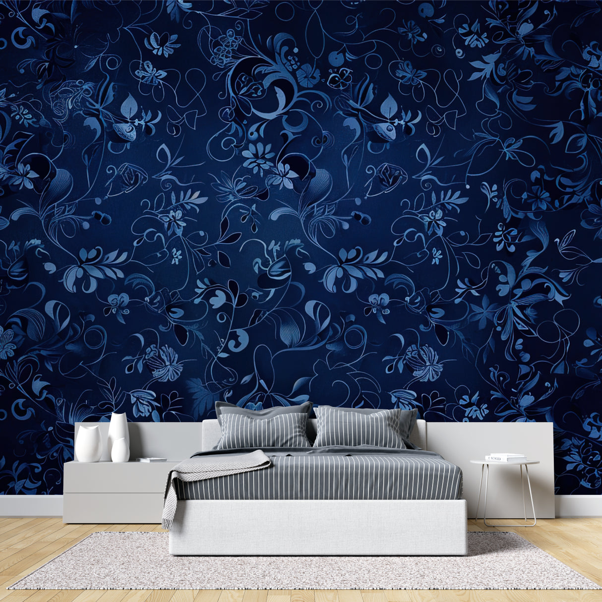 Navy blue floral wallpaper creating an elegant atmosphere in a modern living room
