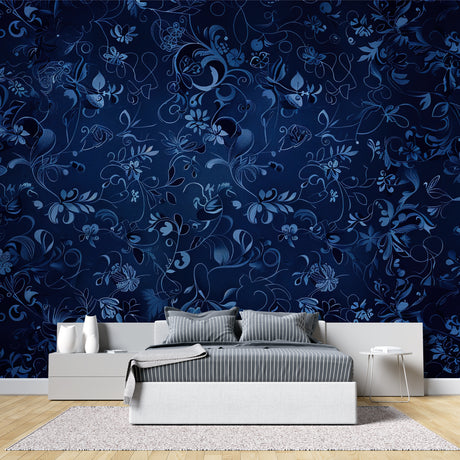 Navy blue floral wallpaper creating an elegant atmosphere in a modern living room