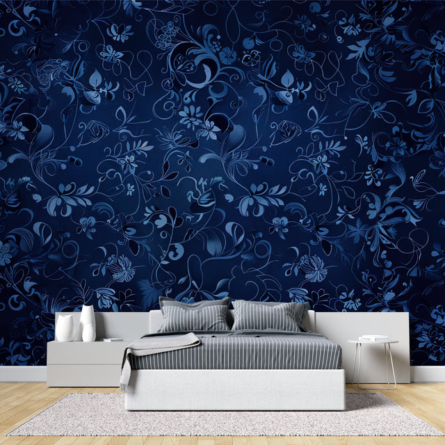 Navy blue floral wallpaper creating an elegant atmosphere in a modern living room