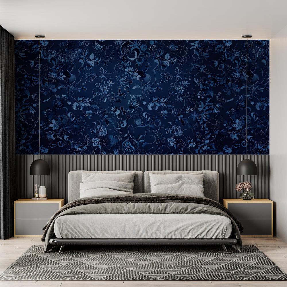 Deep blue botanical wallpaper adding sophistication to a master bedroom