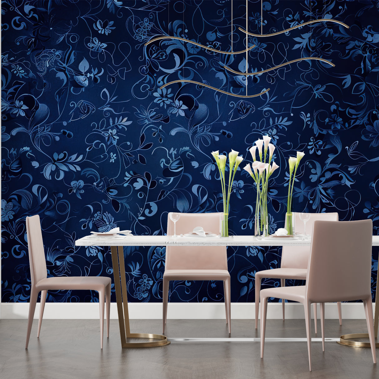 Blue floral wall mural bringing charm to a home office space