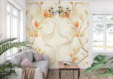Modern dining room with orange leaf floral wallpaper mural creating warm ambiance