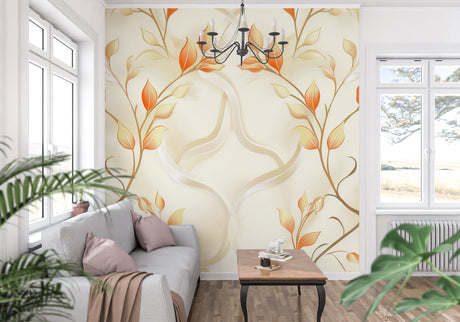 Modern dining room with orange leaf floral wallpaper mural creating warm ambiance