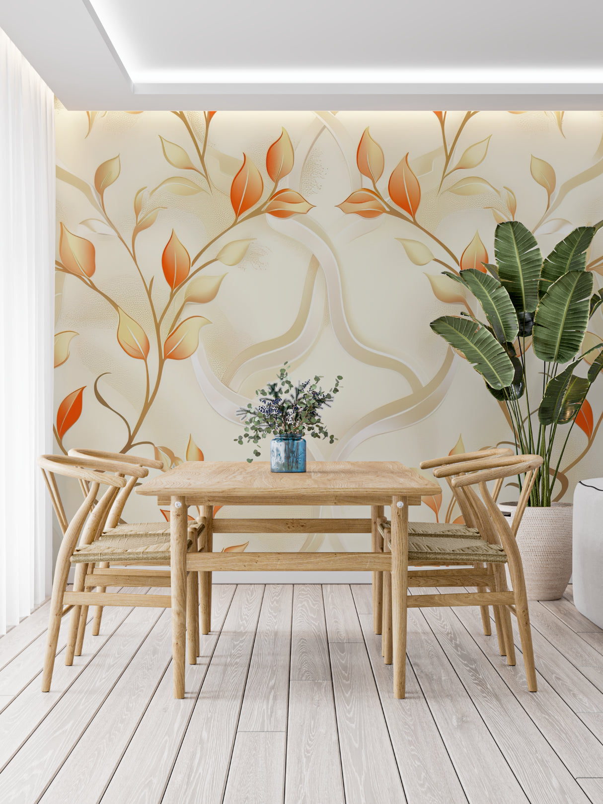 Living room featuring beige and orange botanical wallpaper with contemporary furniture