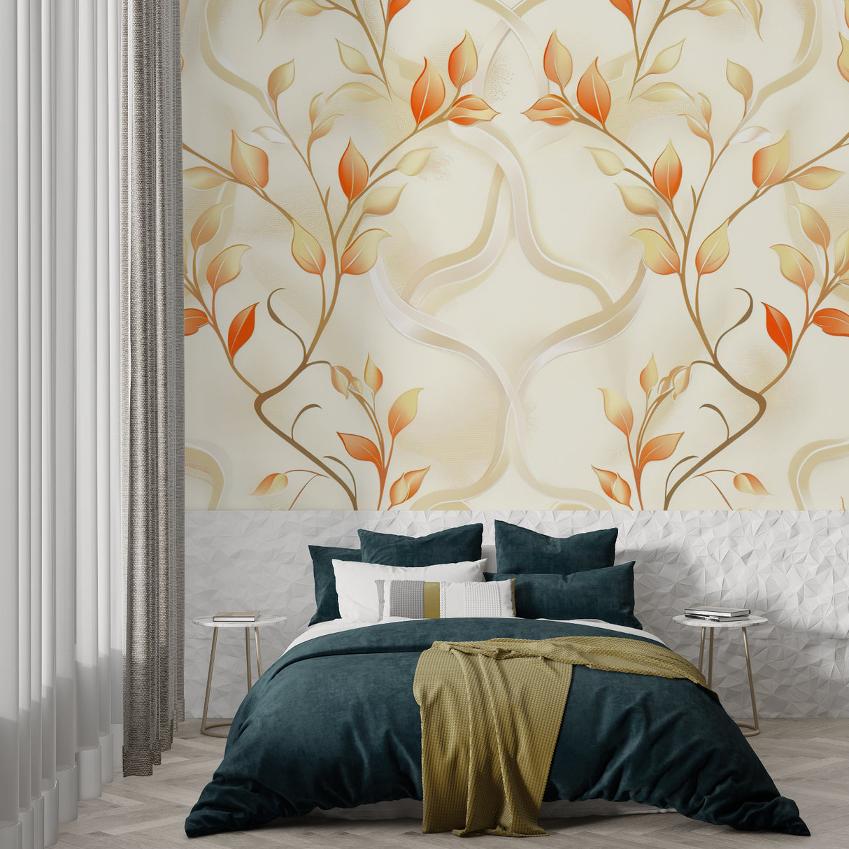Home office with nature-inspired orange leaf wallpaper mural on accent wall