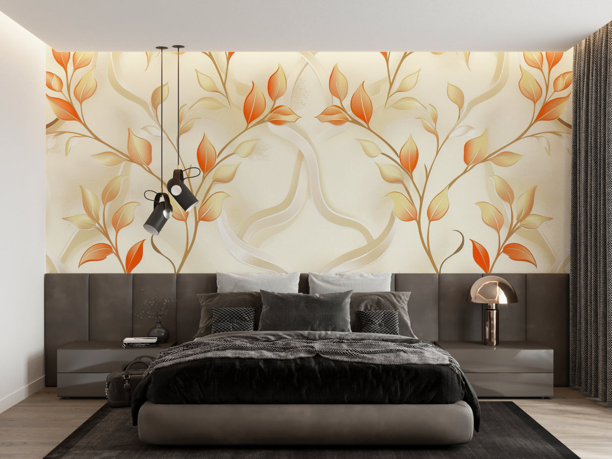 Bedroom showcasing elegant floral wallpaper with orange leaves on beige background