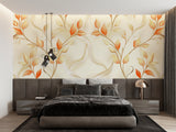 Bedroom showcasing elegant floral wallpaper with orange leaves on beige background