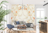 Hallway transformed with botanical orange leaf wallpaper creating movement