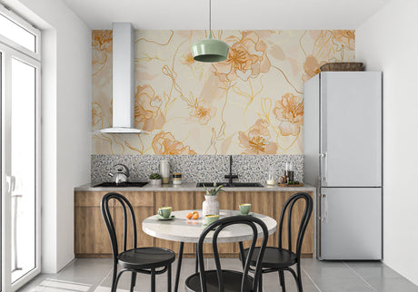 Orange line art floral wallpaper in modern living room creating a peaceful atmosphere