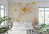 Botanical line art mural in bedroom with soft orange tones and natural light