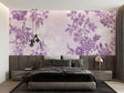 Purple floral wallpaper in bright modern living room, showing botanical pattern creating depth