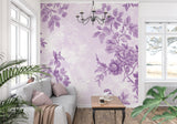 Vintage-style purple botanical wallpaper in hallway setting
