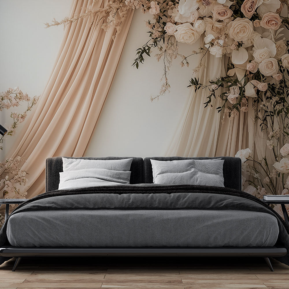 Elegant rose and drape wallpaper mural creating a sophisticated atmosphere in a bright master bedroom