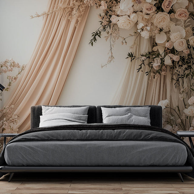 Elegant rose and drape wallpaper mural creating a sophisticated atmosphere in a bright master bedroom
