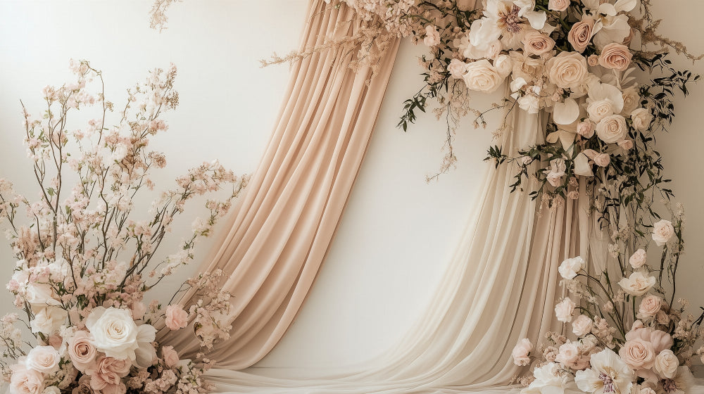 Floral wallpaper design file showing detailed rose and drape pattern in soft beige and blush tones