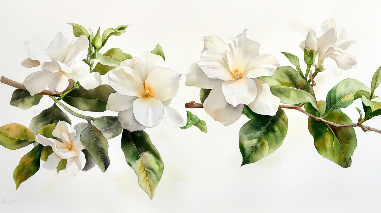 White Gardenia floral wallpaper in bright modern living room showing fresh botanical design with natural light