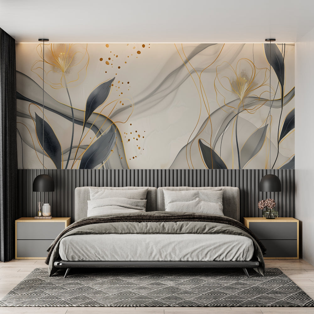Modern living room with Gold and Grey Abstract Floral Wallpaper creating an elegant atmosphere